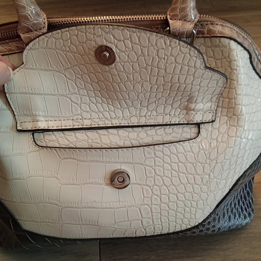 G By Guess Satchel Bag in cream, gray, and brown with a crocodile print